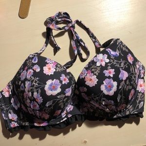 H&M black and purple floral bikini top